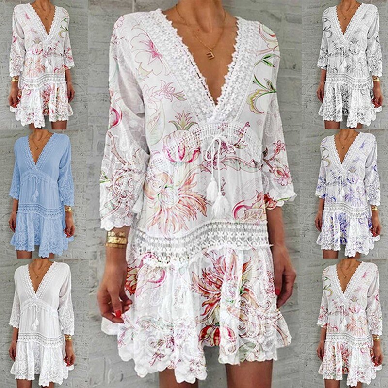 Miettadress V Neck Lace Crochet Hollow Casual Dress