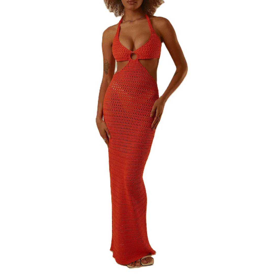 wsevypo Women Summer Long Beach Dress Party Vacation Hollow Out Sleeveless Deep V Halter Neck Knit Crochet Dress Backless Dress