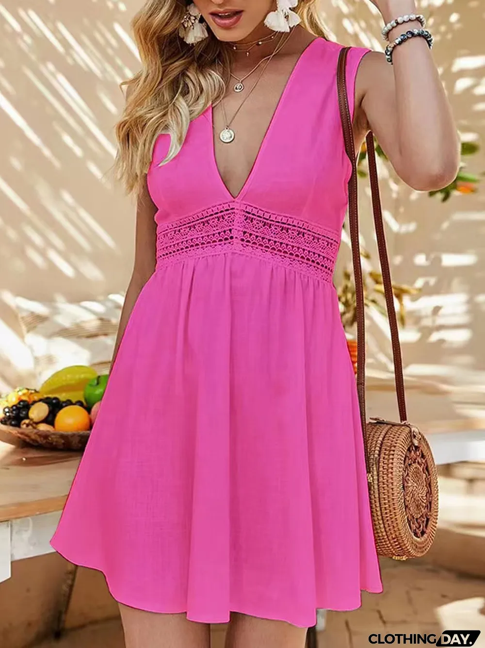 Fashion Bohemian V-neck Lace Sleeveless Hollow Casual Dress