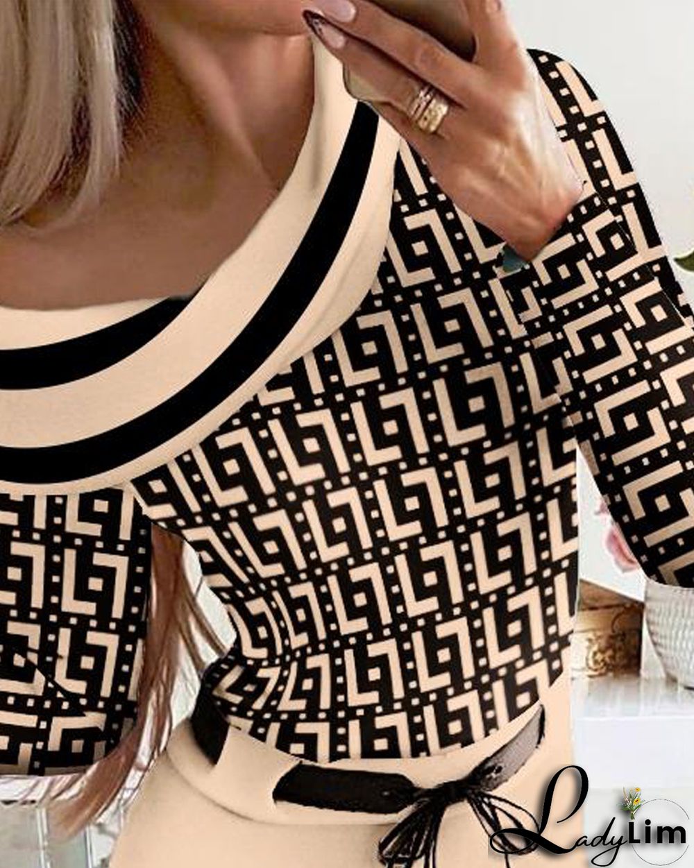 Women Turndown Collar Print Lace-Up Dress