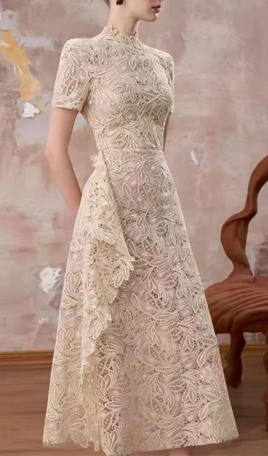 lucuna - short-sleeve lace-overlay floral midi a-line dress Lucuna - Short-Sleeve Floral Lace-Overlay Midi A-Line Dress