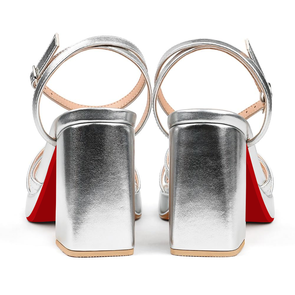 90mm Women's Platform Chunky Heels Ankle Strap Block Heeled Sandals Party Wedding Shoes Red Bottom Shoes Square Open Toe Sandals-MERUMOTE