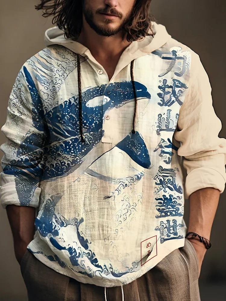 Men's Japanese Art Whale Print Hooded Shirt