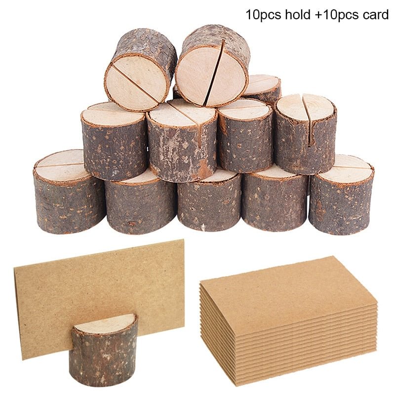 10pcs Natural Wooden Place Card Holders Stand Card Photo Clip Holder Rustic Wedding Decorations Party Table Number Name Sign