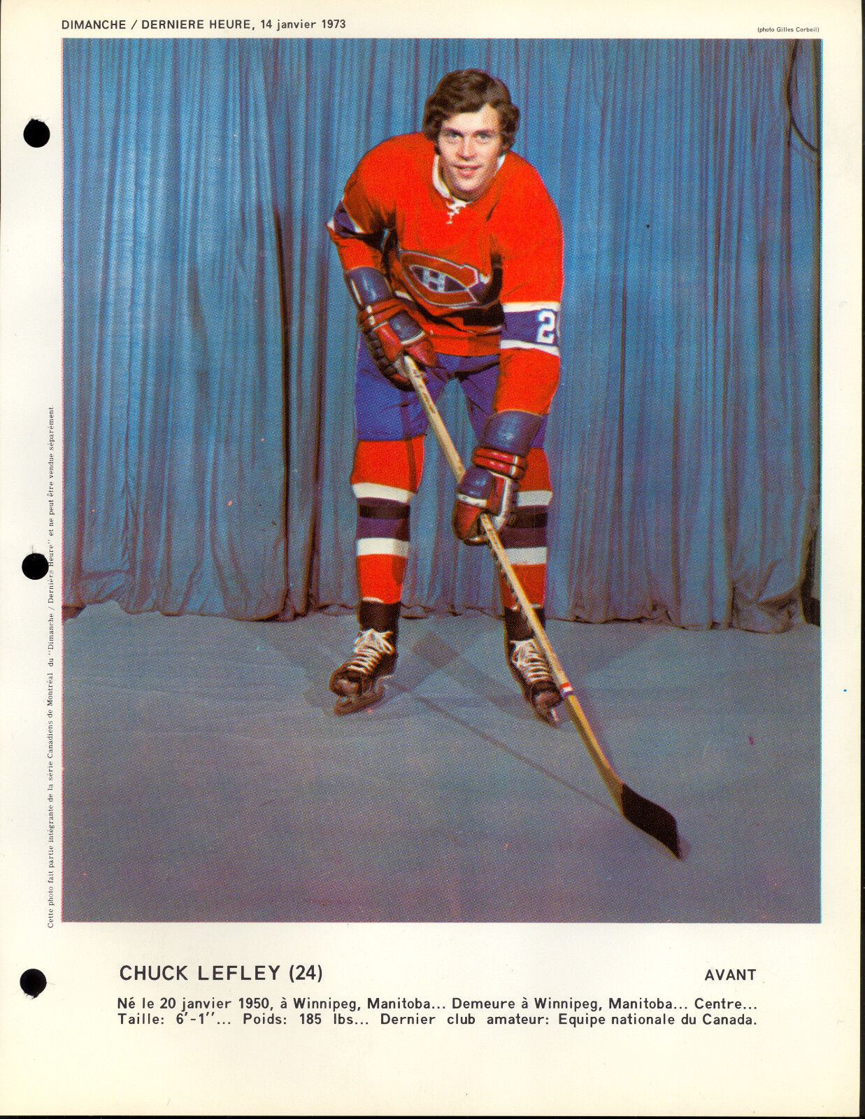 1973 Chuck Lefley RC year MONTREAL CANADIENS EX-NM DIMANCHE DERNIERE 8X11 Photo Poster painting