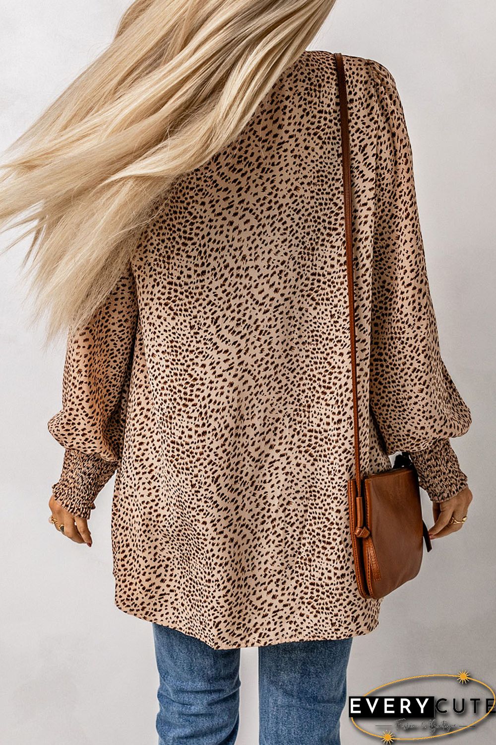 Apricot Animal Print Shirred Cuff Lantern Sleeve Cardigan