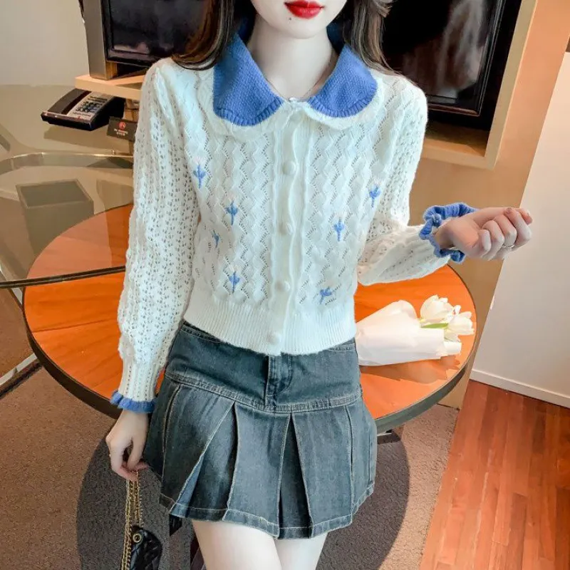 Churchf Churchf New Autumn With Long-Sleeved Sweater Versatile Show Thin Short Jacket Sweet Doll Collar Knit Cardigan Girl