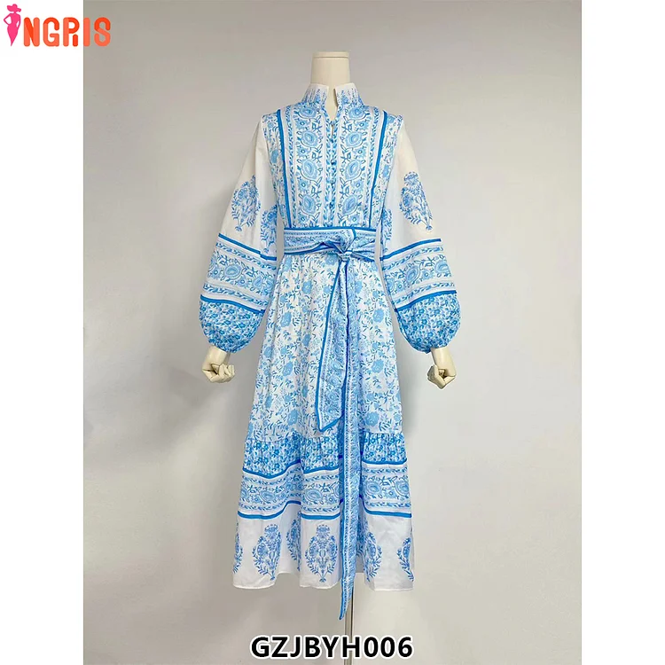 Retro Print Series 2025 Autumn New Model Stand Collar Long Sleeve Waist Tie Midi Dress Women-GZJB006