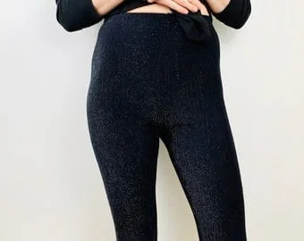 pornhint Pornhint Vintage 90s silver sparkle black ribbed leggings/ sky high waist/ Elastic waist/ small/ glam/ dance/ VTG