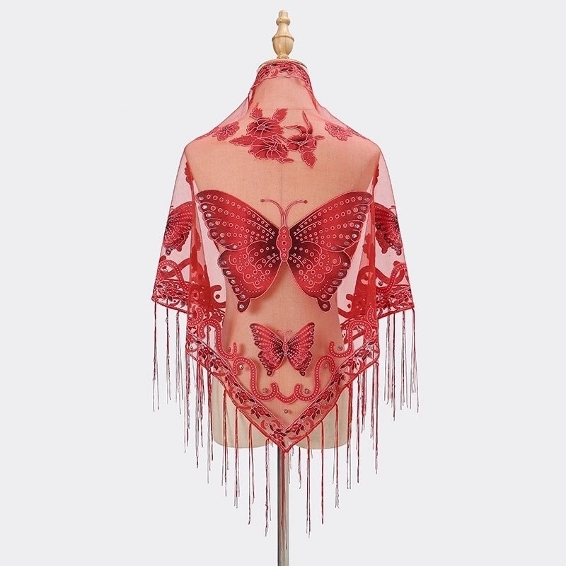 New Tassel Triangle Scarf Solid Color Hollow Lace Butterfly Embroidered Triangle Shawl Scarf For Women