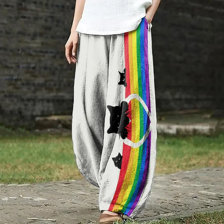 Black Cat Lying On A Rainbow Heart Print Pants