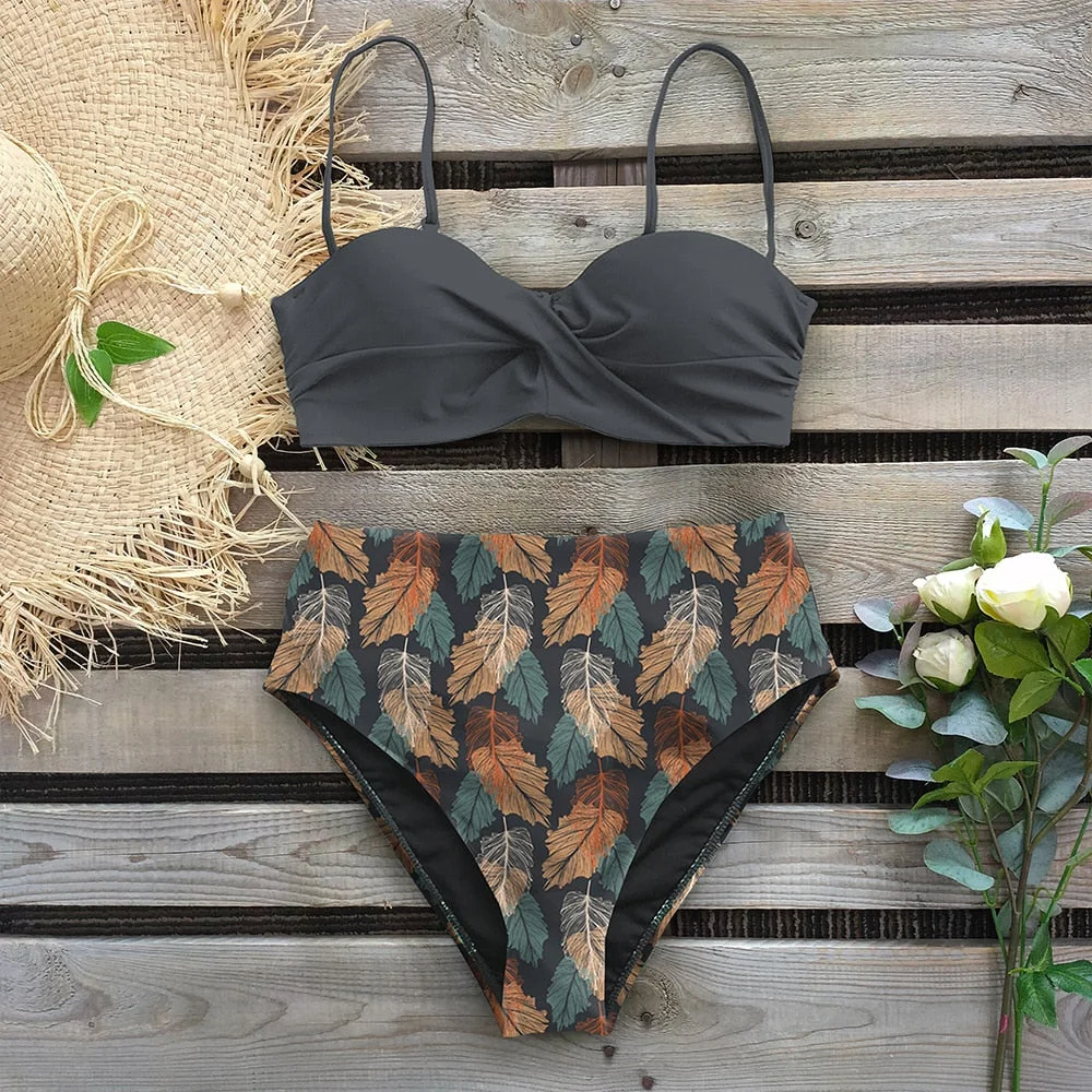 2022 Sexy Leaf Print Bikini Female Swimsuit Women Swimwear Thong Push Up Bikinis Set High Waist Swimming Suits for Bathing Suit