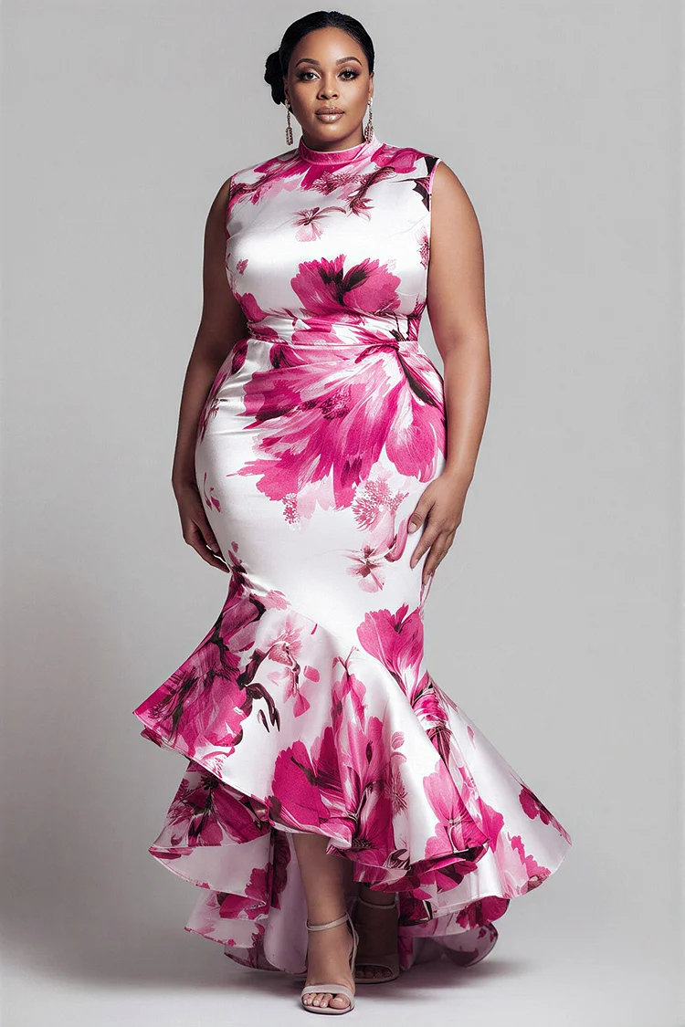 Xpluswear Design Plus Size Cocktail Party Elegant Pink Floral Round Neck Short Sleeve Mermaid Asymmetric Hem Irregular Hem Satin Midi Dresses [Pre-Order] 2024 - Xpluswear