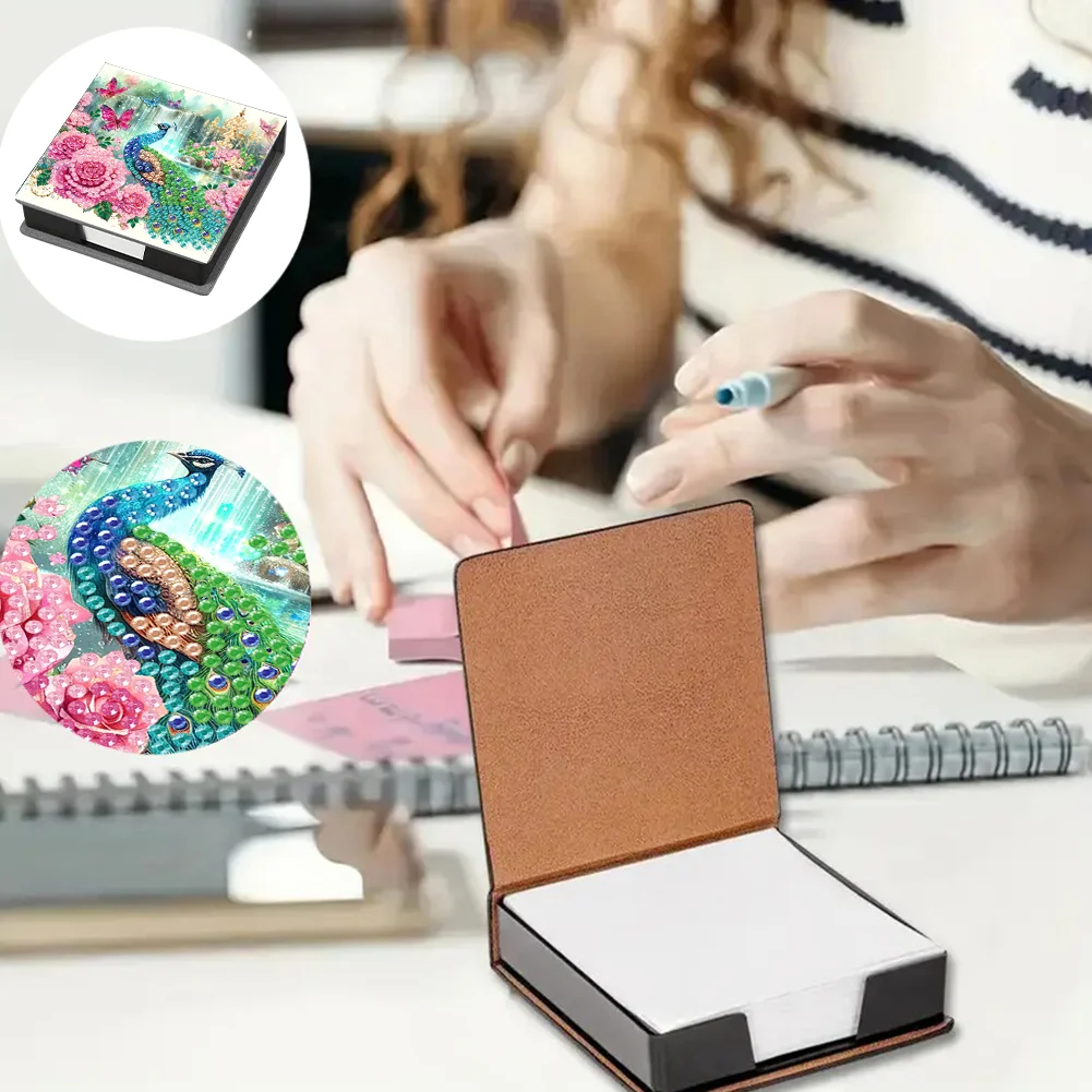DIY Flower Peacock Leather Diamond Art Note Box with 160 Sheets of Paper for Beginners