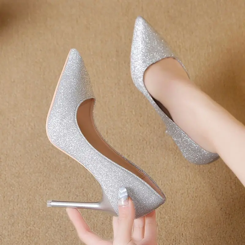 Spacecapes 2025 Spring New High-heeled  Shoes Women's Fine-heeled Black Sexy Versatile French Style Net Red Sparkling Single  Shoes  Shoes Shoes