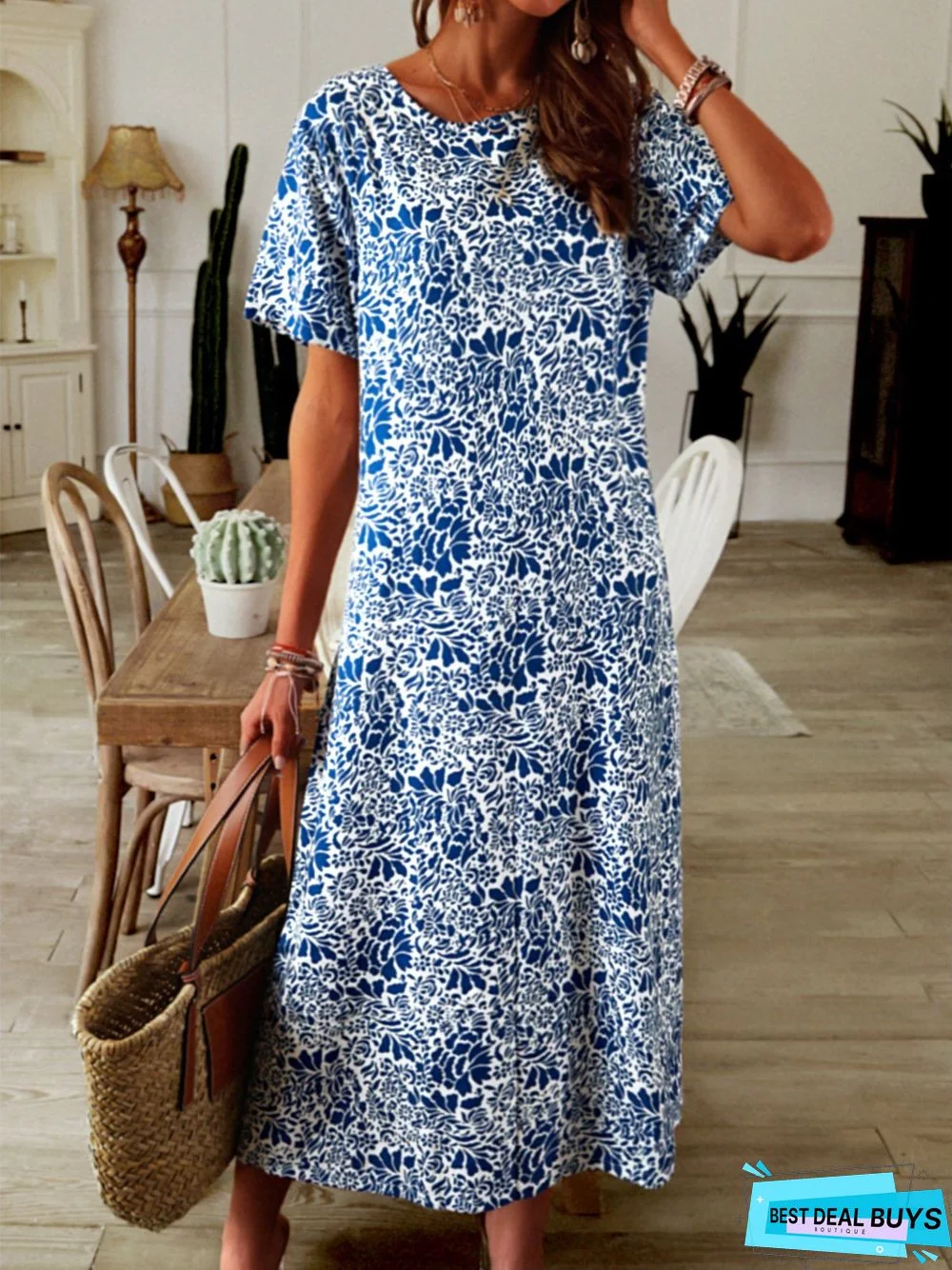 Plus size Printed Short Sleeve Weaving Dress