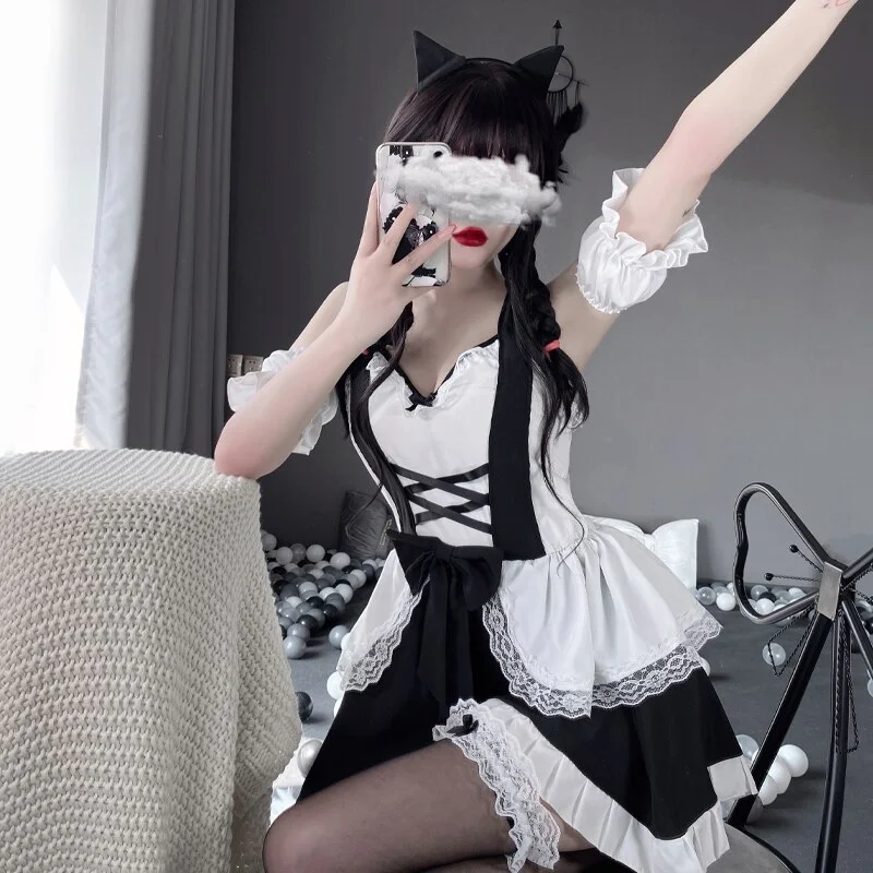 Billionm OJBK Women Lovely Anime Maid Cosplay Costume Lace Apron Lolita Fancy Dress Classic Japanese Black And White Maid Princess Dress