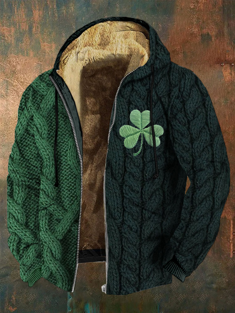 Comstylish Men's Shamrock Embroidered Jacquard Cozy Full Zip Casual Hoodie