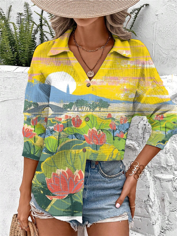 Women's Holiday Lotus Pond Art Print Long Sleeve Shirt