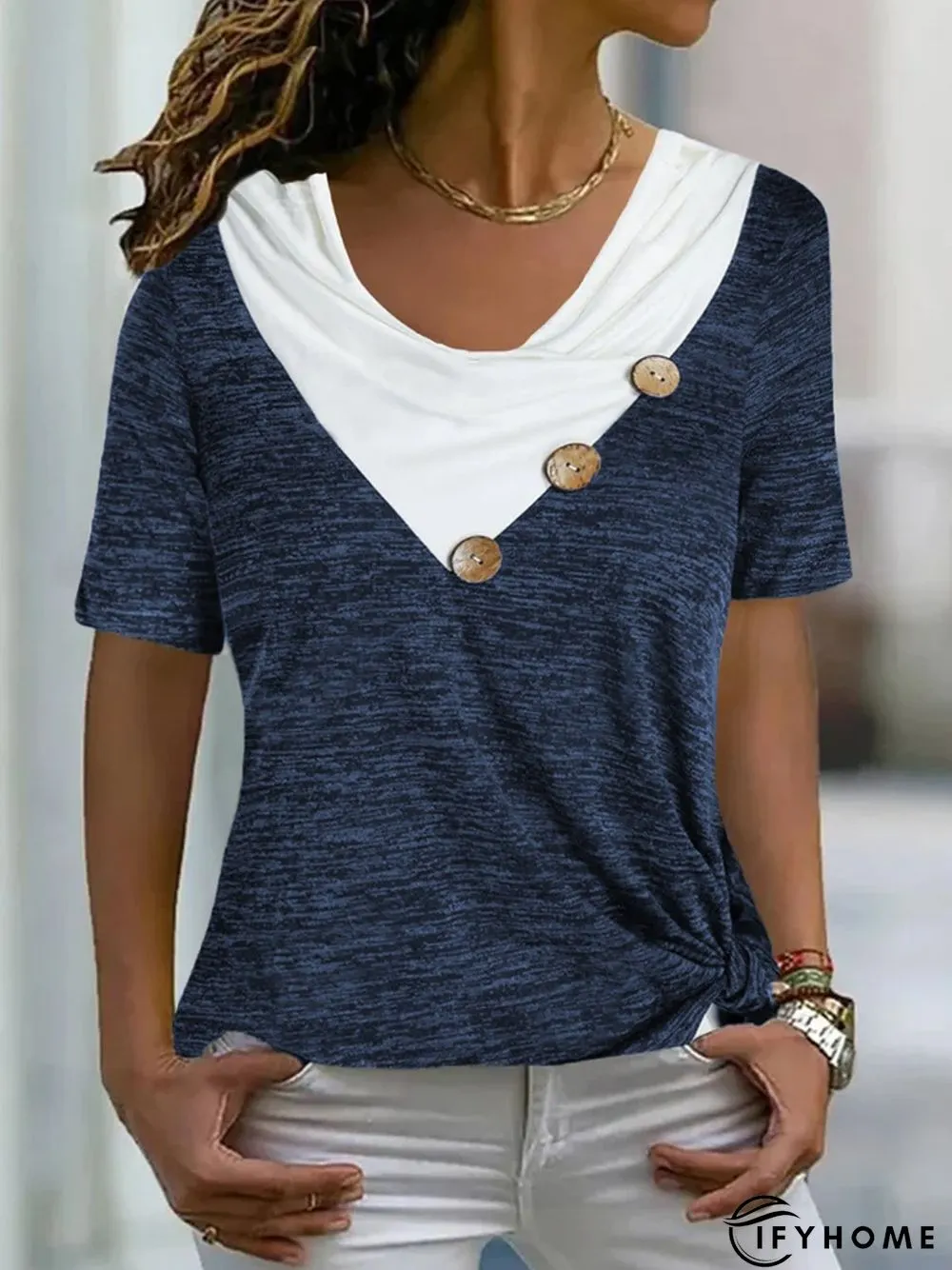 Women's Daily Weekend Casual Short Sleeve Color Block Button V Neck Top Tunic T-Shirt | IFYHOME
