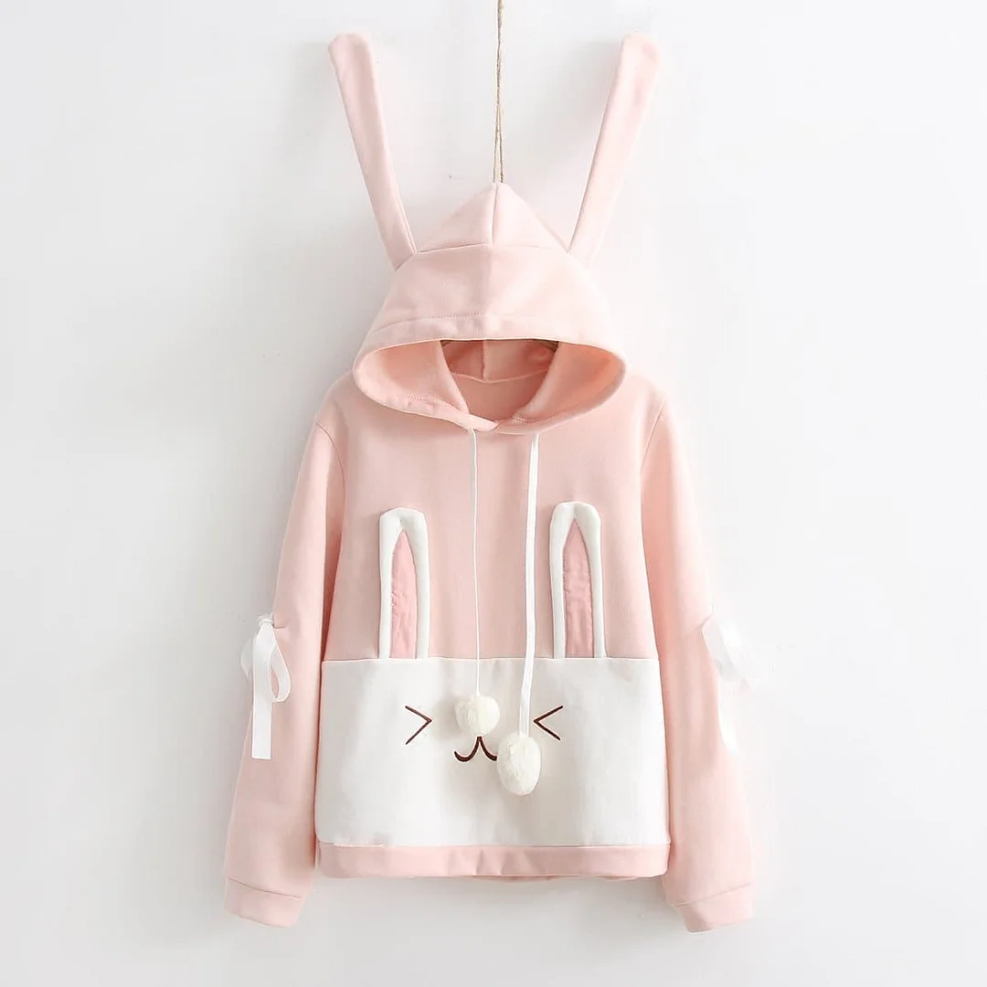 Pink Bunny Ear Hoodie Fleece Pullover SP1811968