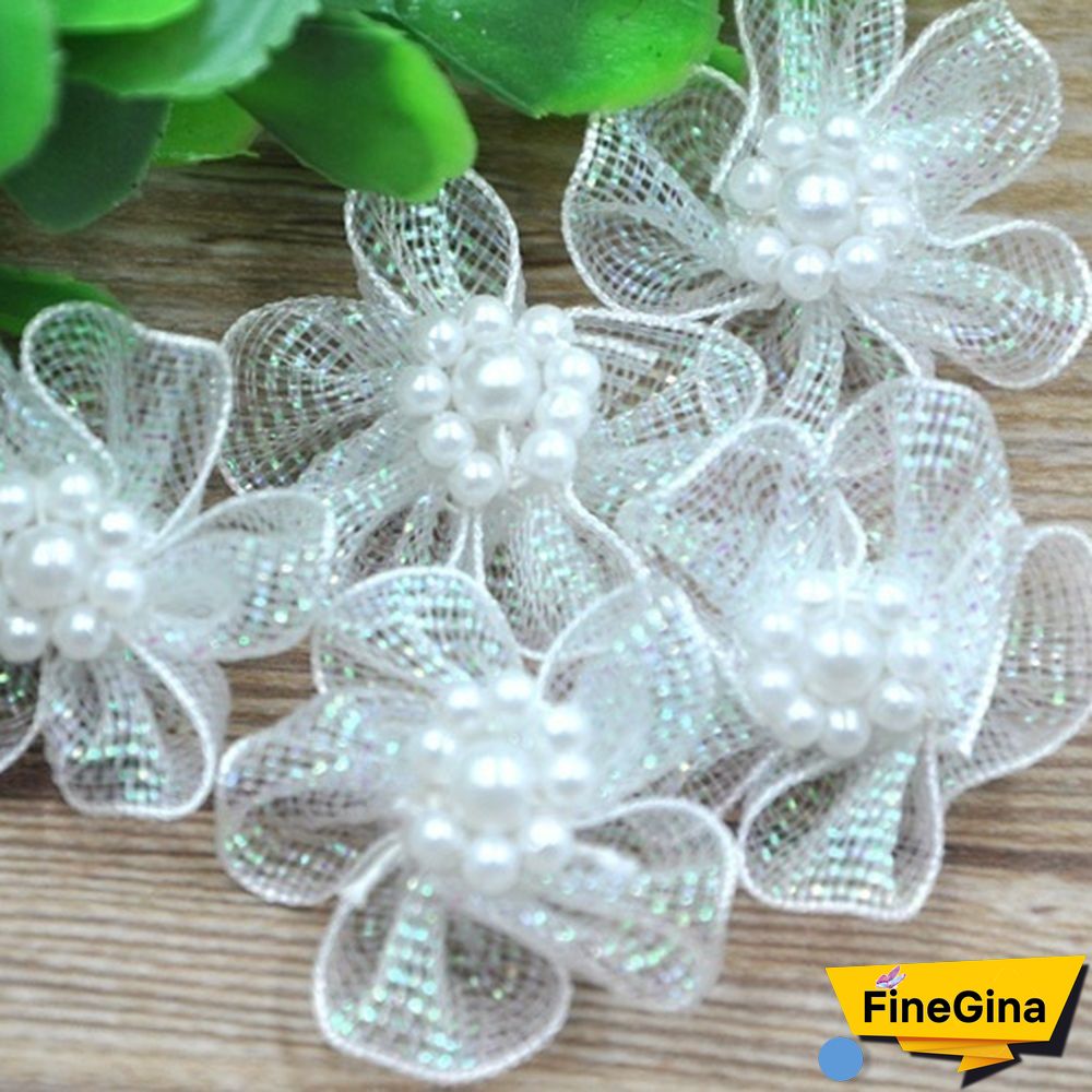 Hot 20Pcs Organza Ribbon Flowers Bows With Beads Appliques Wedding Craft DIY Christmas/Wedding Decoration