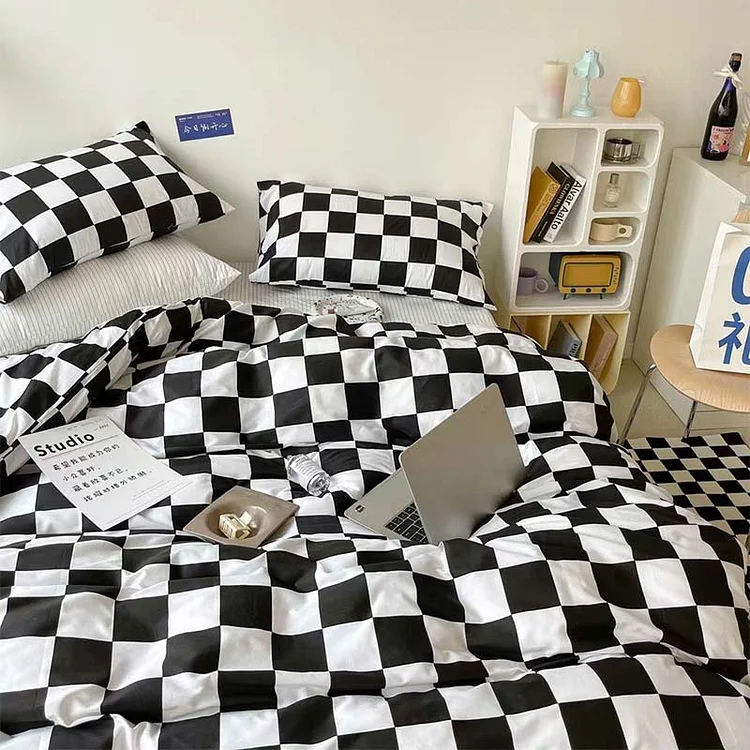 Plaid Print Cotton Bedding Set Four Pieces - Modakawa Modakawa