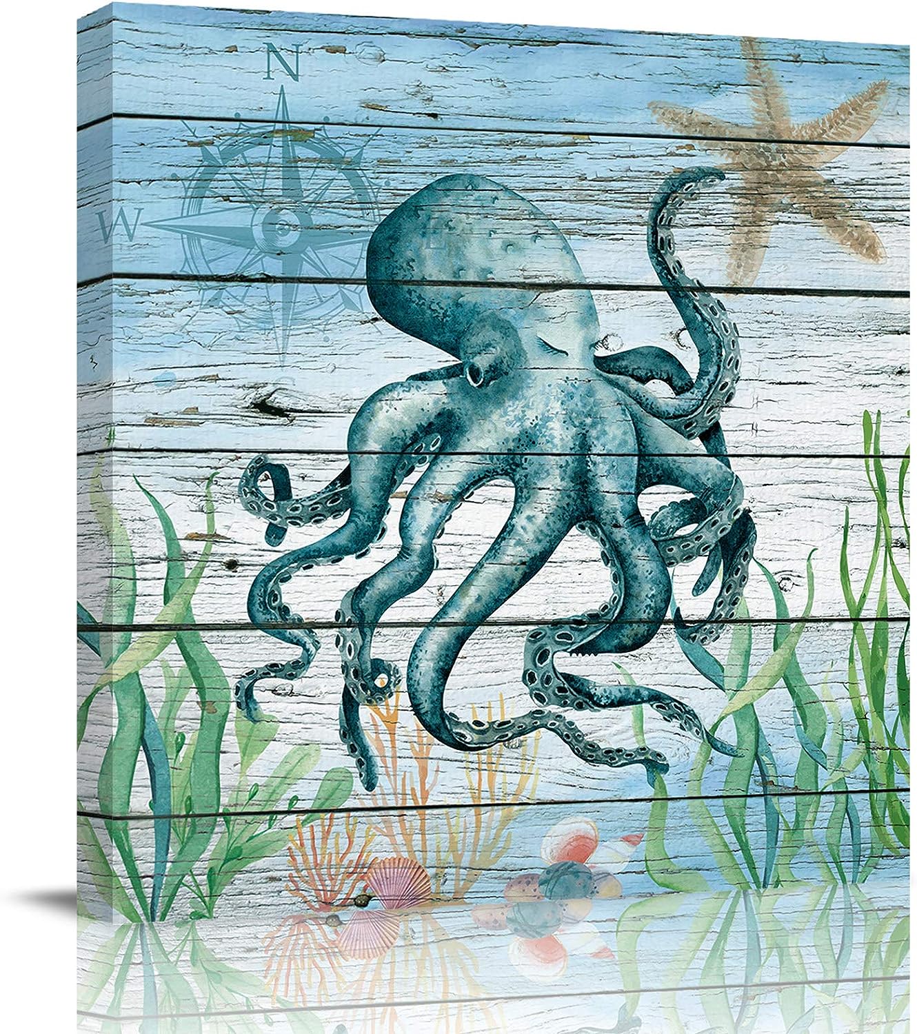 DoremiHome Sea Marine Animal Artwork Painting on Canvas, Decorative Wall Art Canvas Prints for Living Room Bedroom Bathroom Wall Decor 12x12 inch, Octopus Compass Shell Wooden Grain 12x12 inch
