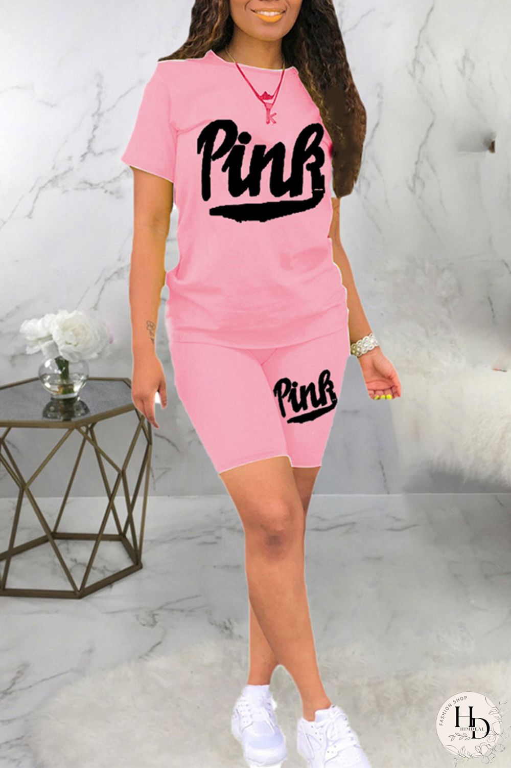 Black Fashion Casual Letter Print Basic O Neck Short Sleeve Two Pieces