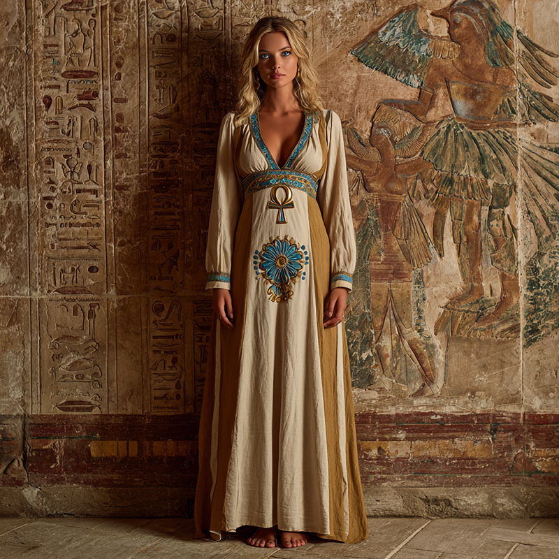 Women's Vintage Egyptian Ankh Lotus Embroidery Art Casual V Neck Long Sleeve Dress