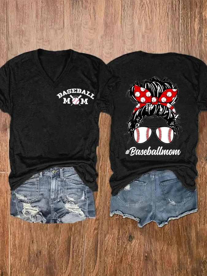 Women's Baseball Mom Print V-Neck Casual T-Shirt socialshop