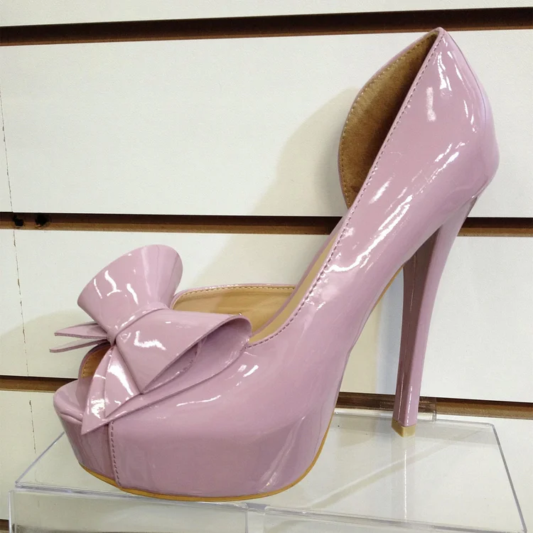 Pink Patent Leather Peep Toe Bow Platform Stiletto Heels Pumps |FSJ Shoes