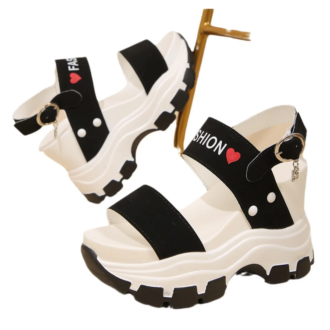 Breakj Breakj Spring And Summer New Large-Size Thick Bottom Slope With Ladies Casual Sandals Pure Color Simple Grid