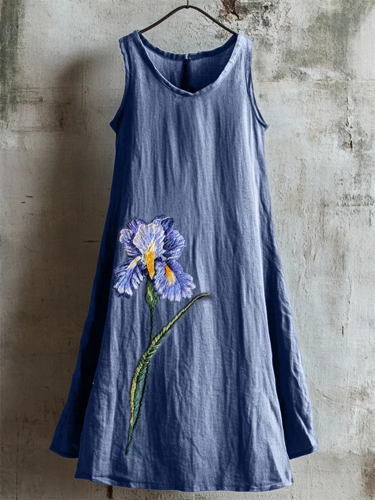 Utbros Classy Iris Embroidered Linen Tank Dress