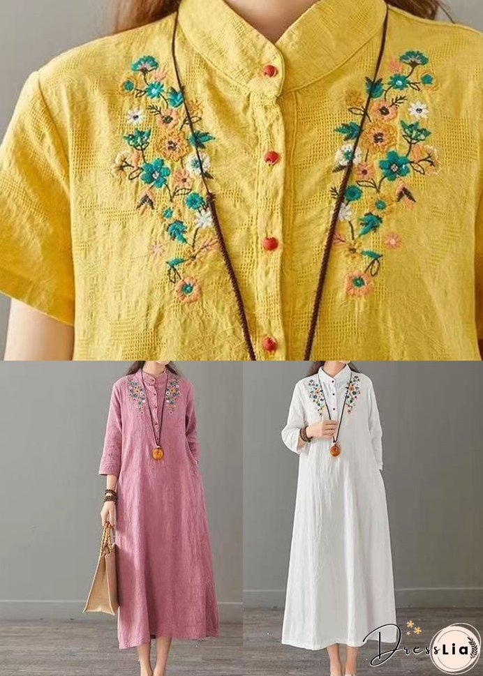 White Patchwork Cotton Long Dress Embroideried Stand Collar Fall