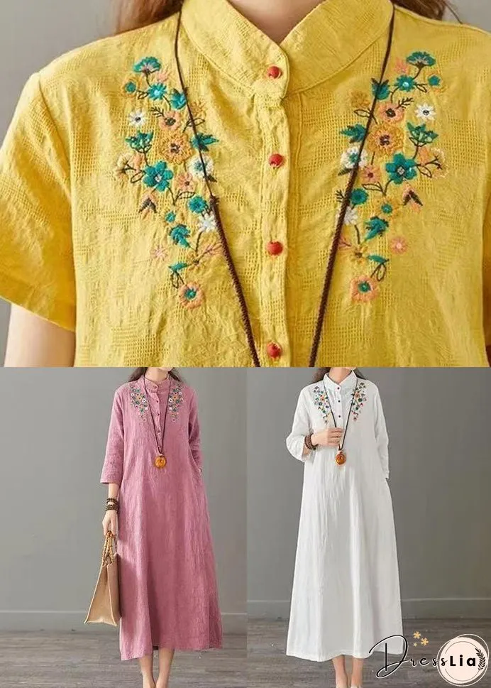 White Patchwork Cotton Long Dress Embroideried Stand Collar Fall