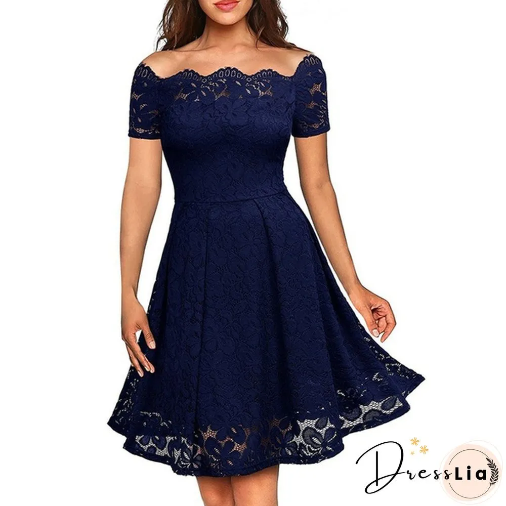 New Fashion Women Off Shoulder Slim Fit Lace Dress Elegant Strapless Short Sleeve Cutout