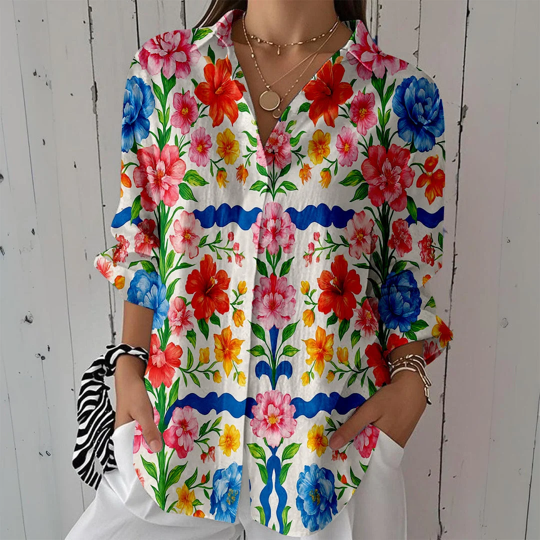 Style & Comfort for Mature Women Women Floral, Plaid, Blue, Red DZCL0157 3/4 Sleeve Shirt Collar Printed Button Tops