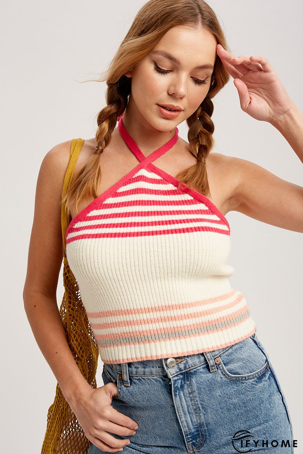 Halter Striped Rib Knit Sweater Tank | IFYHOME
