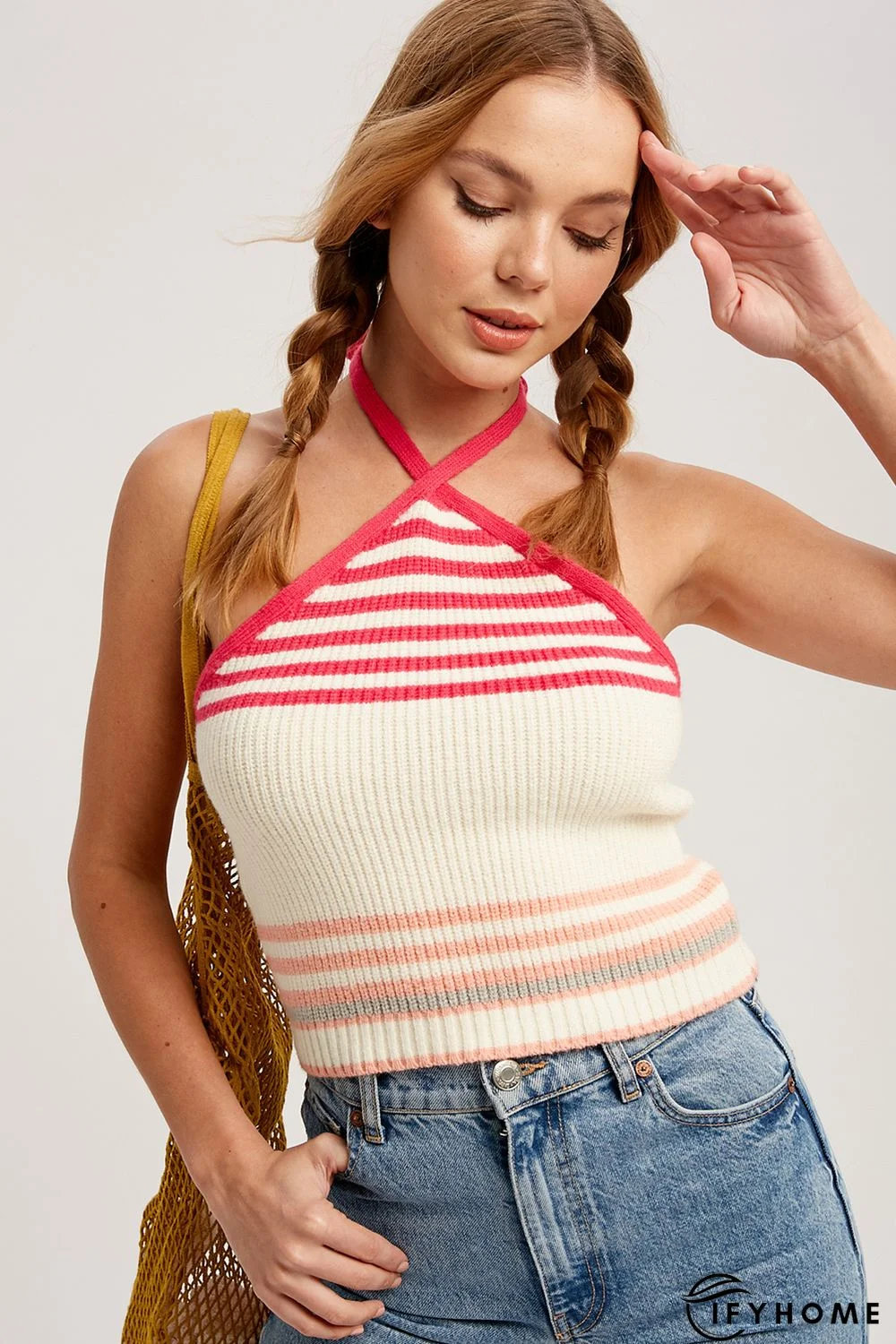 Halter Striped Rib Knit Sweater Tank | IFYHOME
