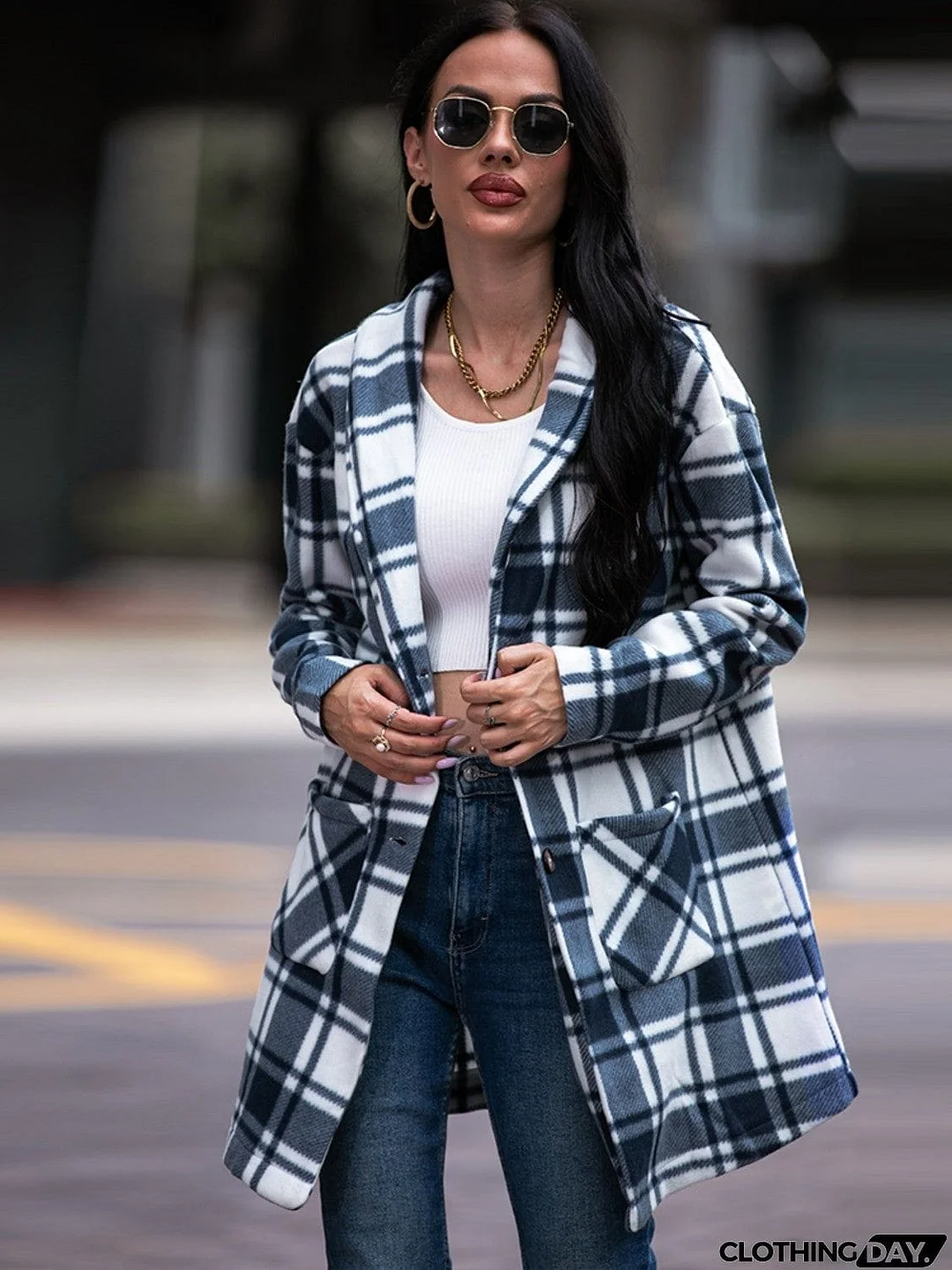 Plaid Shawl Collar Coat with Pockets