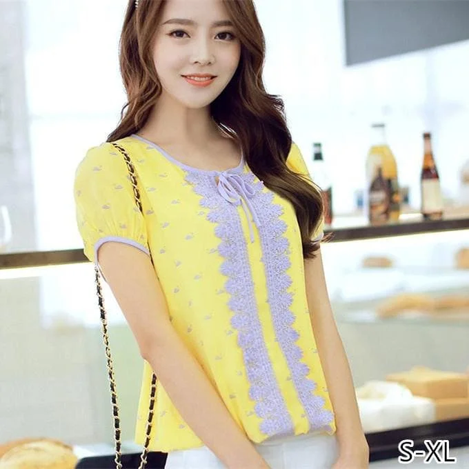 S-XL Yellow Lace Puffy Blouse SP152614