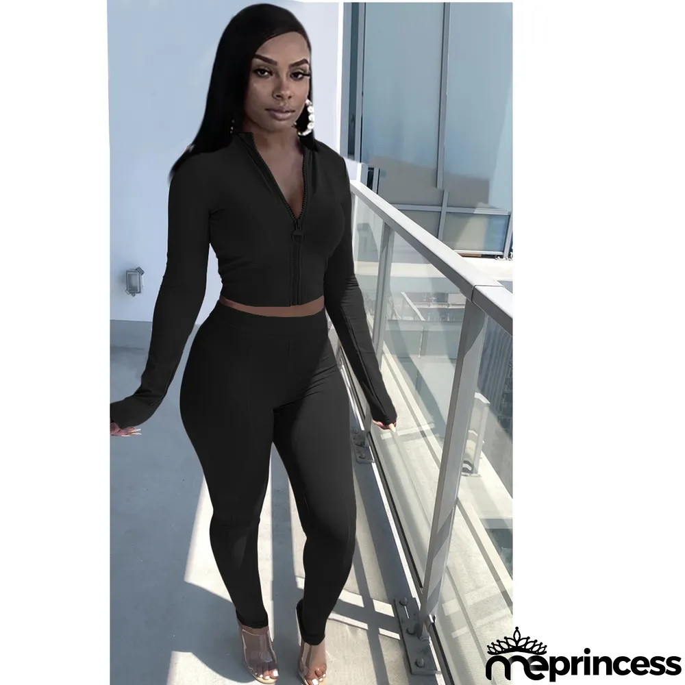 Solid Long Sleeve Zipper Two Piece Pants Set