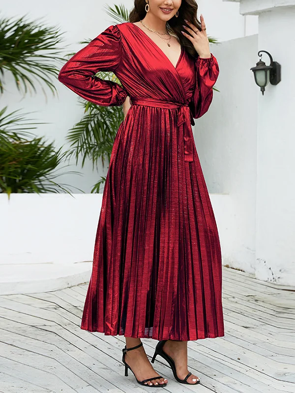 High Waisted Long Sleeves Bronzing Elasticity Pleated Solid Color Tied Waist Deep V-Neck Maxi Dresses