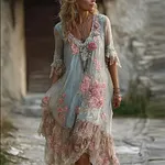 Vintage Boho Pink Roses Lace Layered Linen Maxi Dress - Image 2