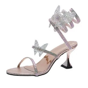 Wongn Wongn Shape Winding Water Diamond Sandal Female 2023 New One Word With Fine Heel Roman Sandals Fashion Net Red Fairy Wind Shoes