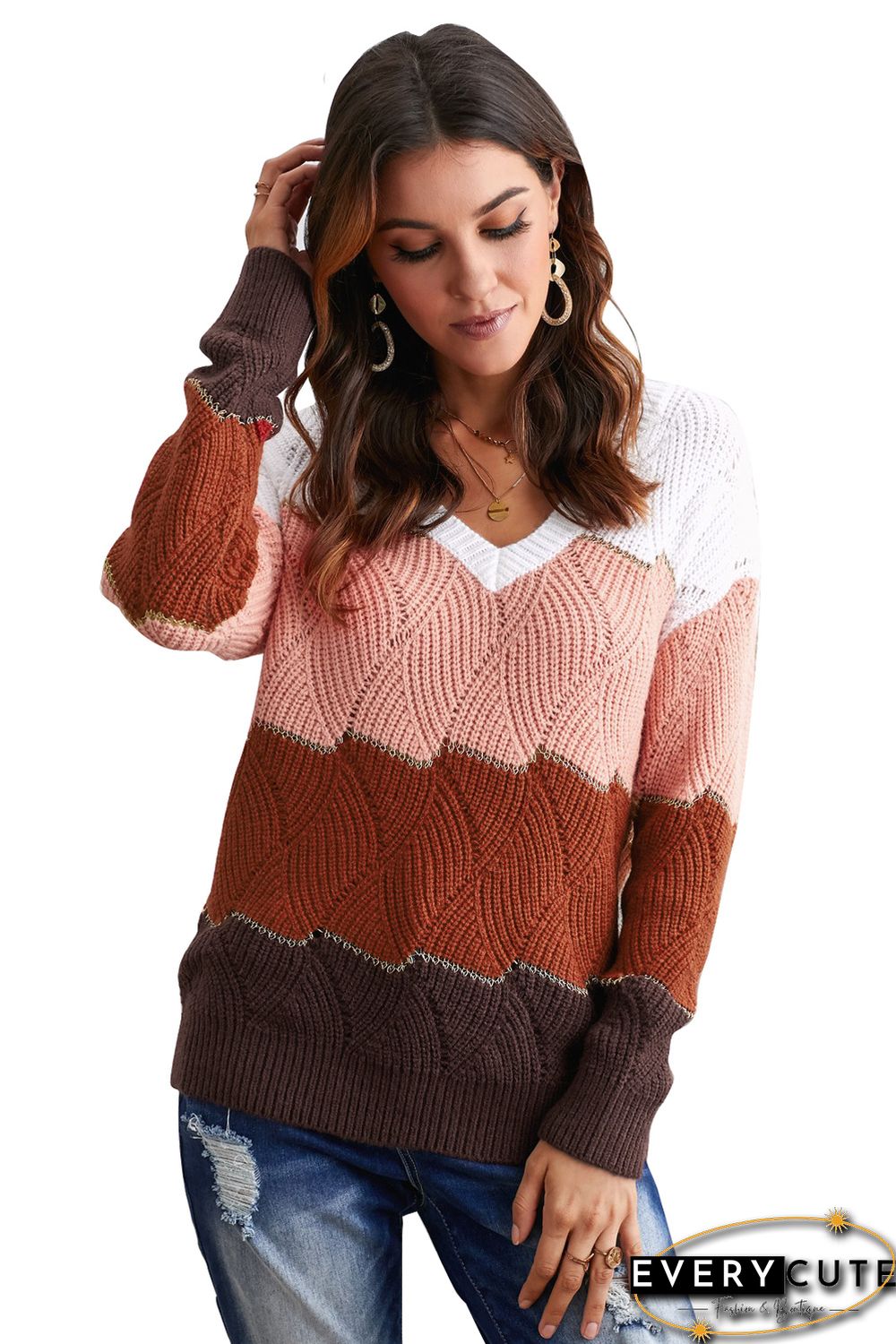 White V Neck Colorblock Textured Knit Sweater