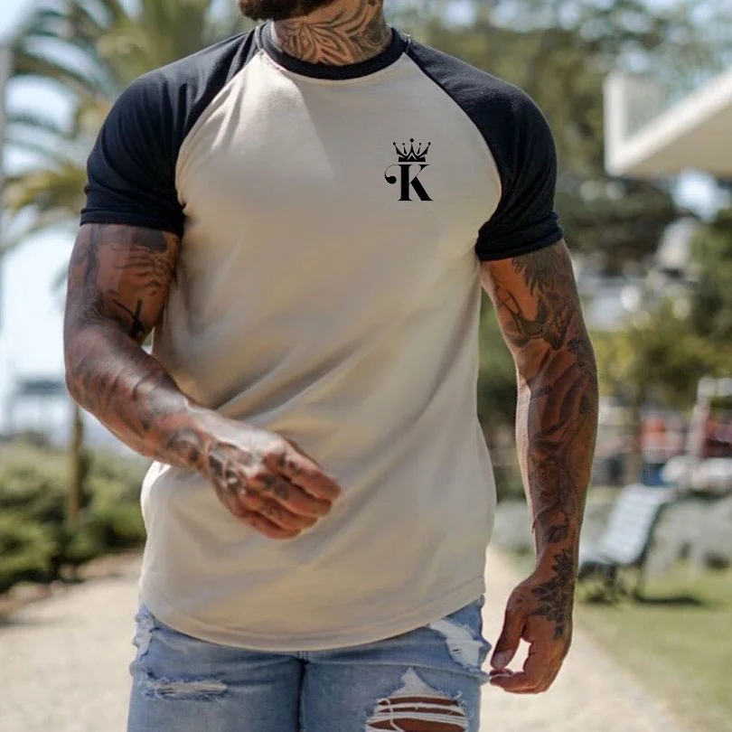 Men's Fashion K Print Contrasting Colors Casual Short Sleeve T-Shirt