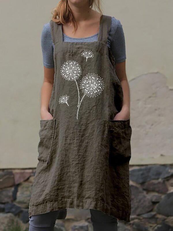 Female personality printed cotton and linen apron long loose linen long dress-Mayoulove