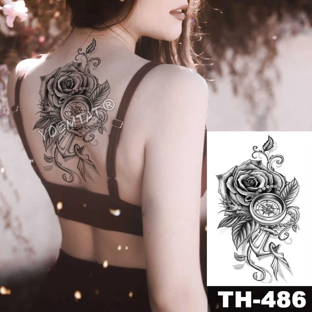 Heart shaped Clock Jewel Rose Waterproof Temporary Tattoo Sticker Black Arm Back Flowers Big Tatto Body Art Fake Tatoo For Women